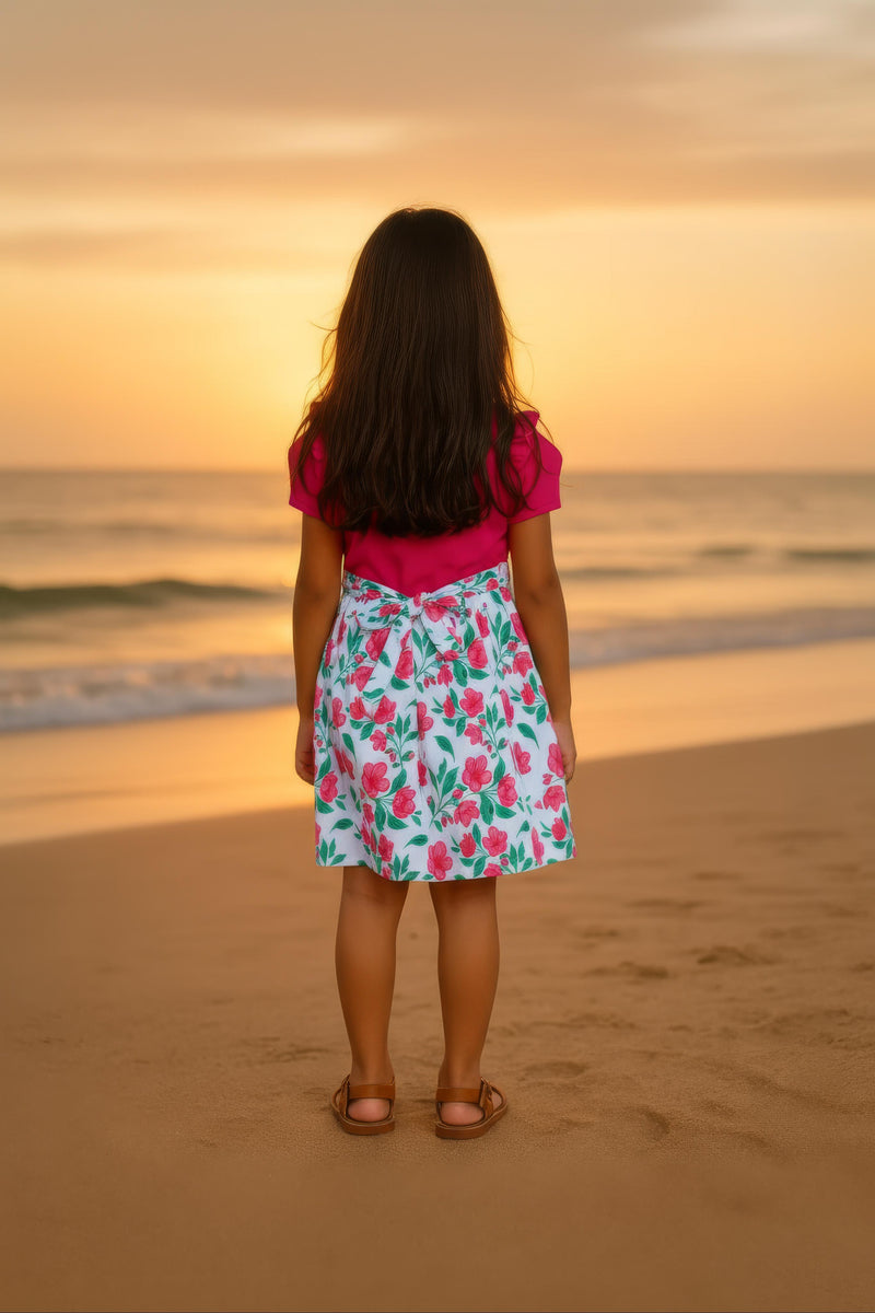 Clothe Fun Girls Fancy Floral Printed Frock With Waist Belt, Coral & Off White AOP