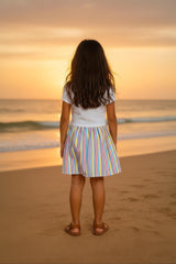 Clothe Funn Girls Fancy Look Striper, Short Sleeve Frock, Off White & Stripes