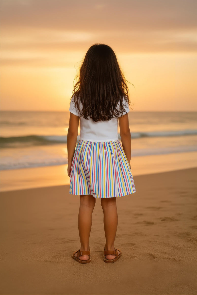 Clothe Funn Girls Fancy Look Striper, Short Sleeve Frock, Off White & Stripes