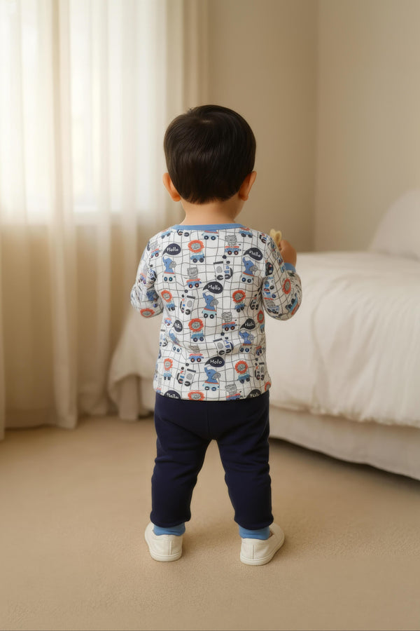 Clothe Funn Baby Boys Co-Ordinate Set, Full Sleeve T-Shirts & Full Pant, Off white & Black