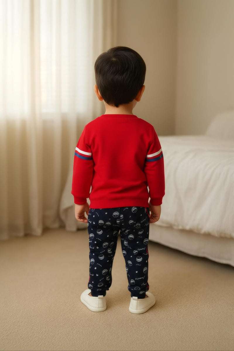 Clothe Funn Baby Boys Co-Ordinate Set, Full Sleeve T-Shirts & Full Pant, Red & Navy