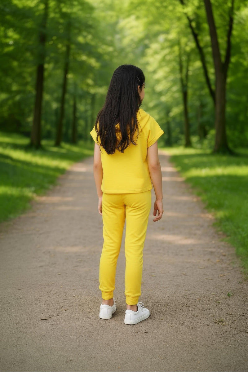 clothe Funn Girls Co-Ord Set, Hooded Half Sleeve Sweatshirt & Track Pant Set, Yellow