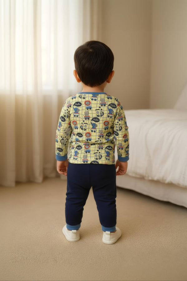 Clothe Funn Baby Boys Co-Ordinate Set, Full Sleeve T-Shirts & Full Pant, Lemon & Navy