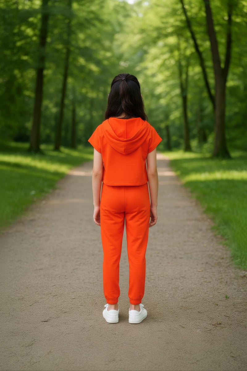 clothe Funn Girls Co-Ord Set, Hooded Half Sleeve Sweatshirt & Track Pant Set, Orange