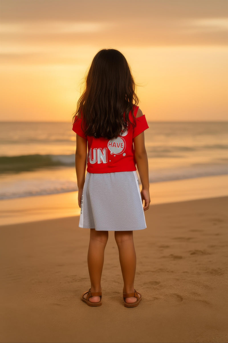 Clothe Funn Girls Chest Printed Frock, Red & Ecru Mel