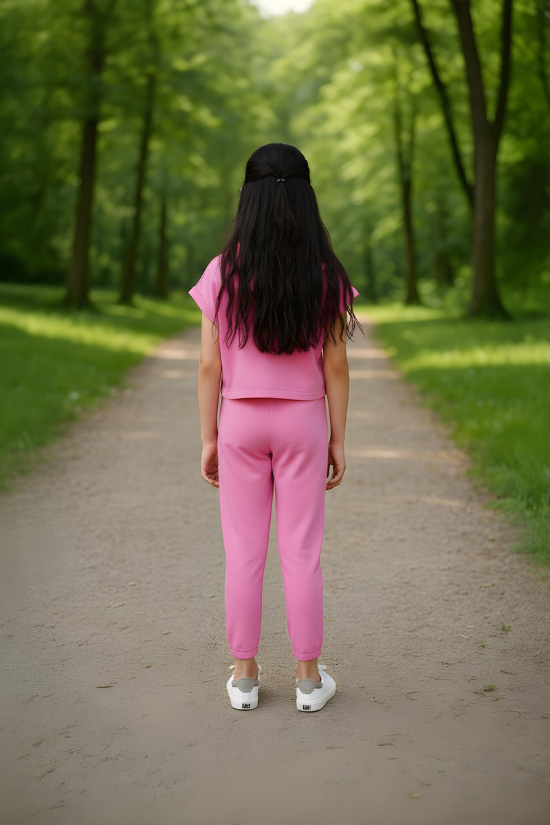 clothe Funn Girls Co-Ord Set, Hooded Half Sleeve Sweatshirt & Track Pant Set, Pink