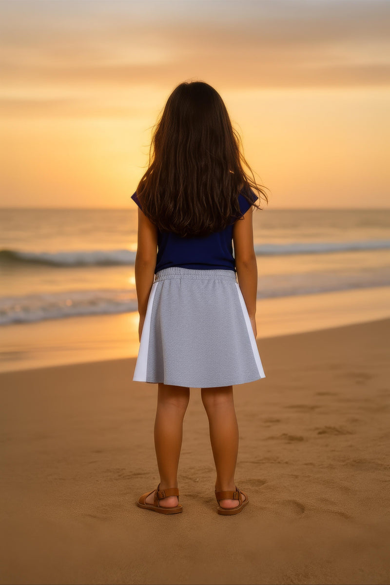 Clothe Funn Girls Chest Printed Frock, Navy & Ecru Mel