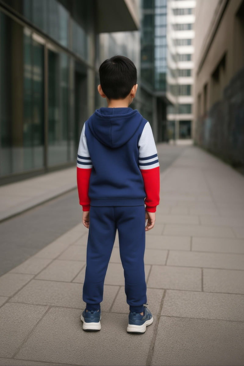 Clothe Funn Boys Full Sleeve Jacket & Track Pant Set, Navy/Red