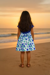 Clothe Fun Girls Fancy Floral Printed Frock With Waist Belt, Royal Blue & Off White AOP