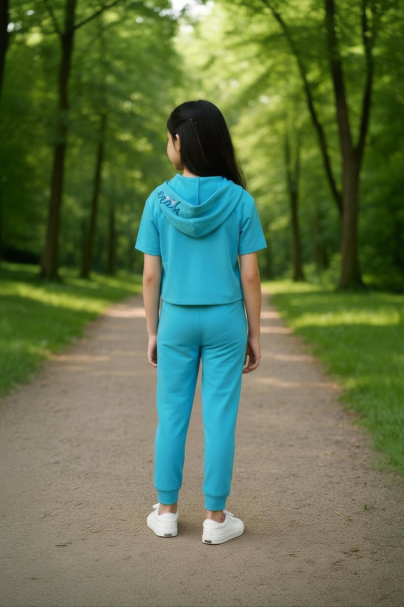 clothe Funn Girls Co-Ord Set, Hooded Half Sleeve Sweatshirt & Track Pant Set, T.Blue