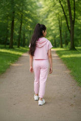 clothe Funn Girls Co-Ord Set, Hooded Half Sleeve Sweatshirt & Track Pant Set, Lt.Pink