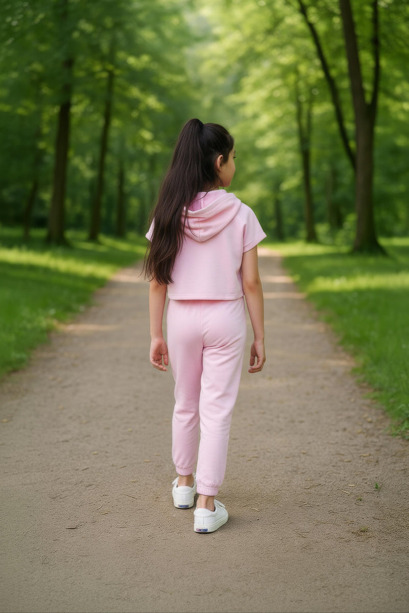 clothe Funn Girls Co-Ord Set, Hooded Half Sleeve Sweatshirt & Track Pant Set, Lt.Pink