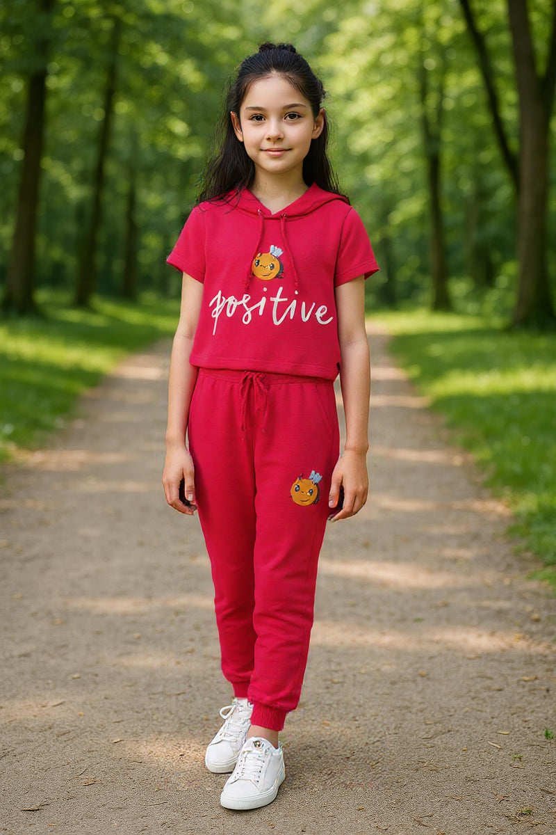 clothe Funn Girls Co-Ord Set, Hooded Half Sleeve Sweatshirt & Track Pant Set, Fuschia