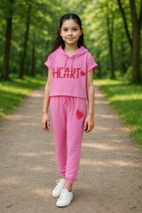 clothe Funn Girls Co-Ord Set, Hooded Half Sleeve Sweatshirt & Track Pant Set, Pink