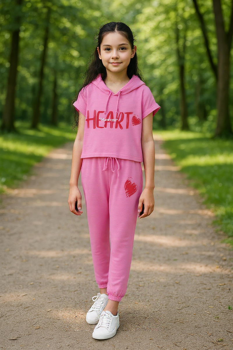 clothe Funn Girls Co-Ord Set, Hooded Half Sleeve Sweatshirt & Track Pant Set, Pink