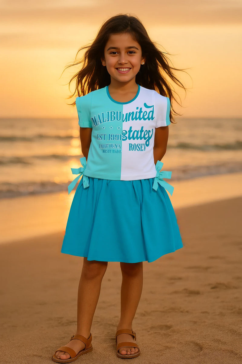 Clothe Fun Girls Fancy Textured Frock With Waist Knott, White & Mint