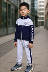 Clothe Funn Boys Full Sleeve Jacket & Track Pant Set, Navy/Ecru