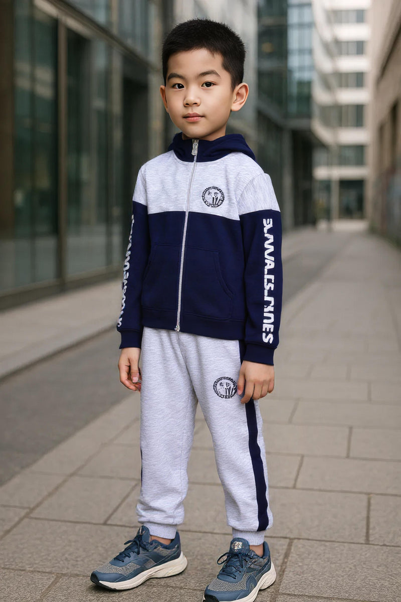 Clothe Funn Boys Full Sleeve Jacket & Track Pant Set, Navy/Ecru