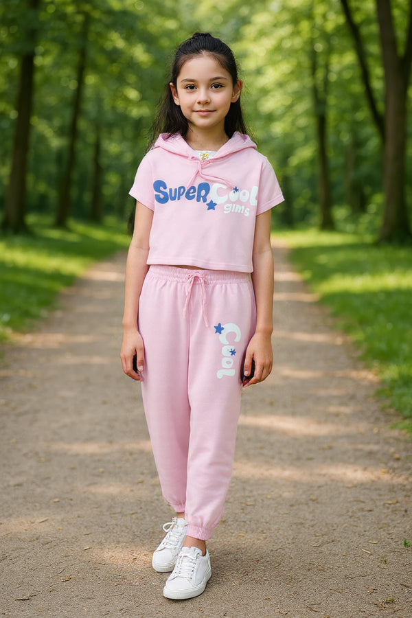 clothe Funn Girls Co-Ord Set, Hooded Half Sleeve Sweatshirt & Track Pant Set, Lt.Pink