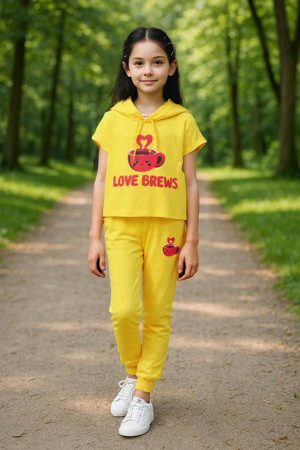 clothe Funn Girls Co-Ord Set, Hooded Half Sleeve Sweatshirt & Track Pant Set, Yellow