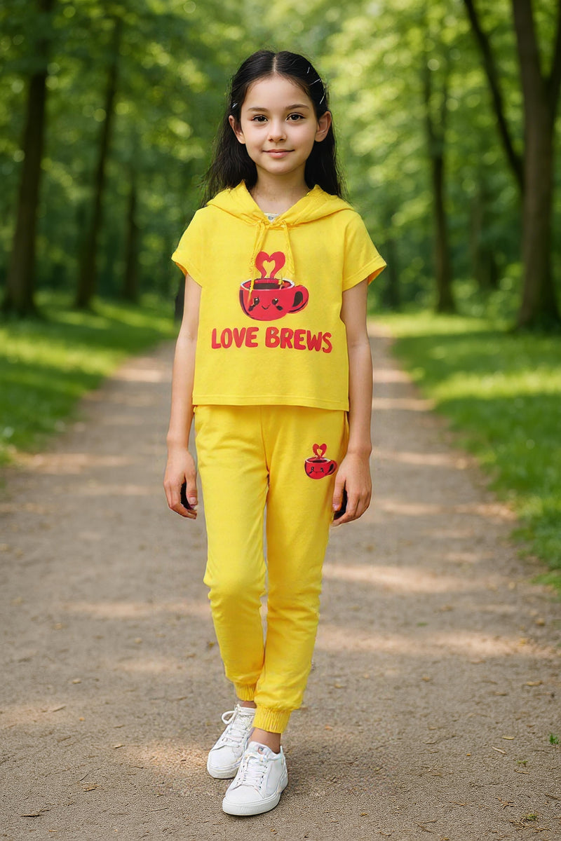 clothe Funn Girls Co-Ord Set, Hooded Half Sleeve Sweatshirt & Track Pant Set, Yellow