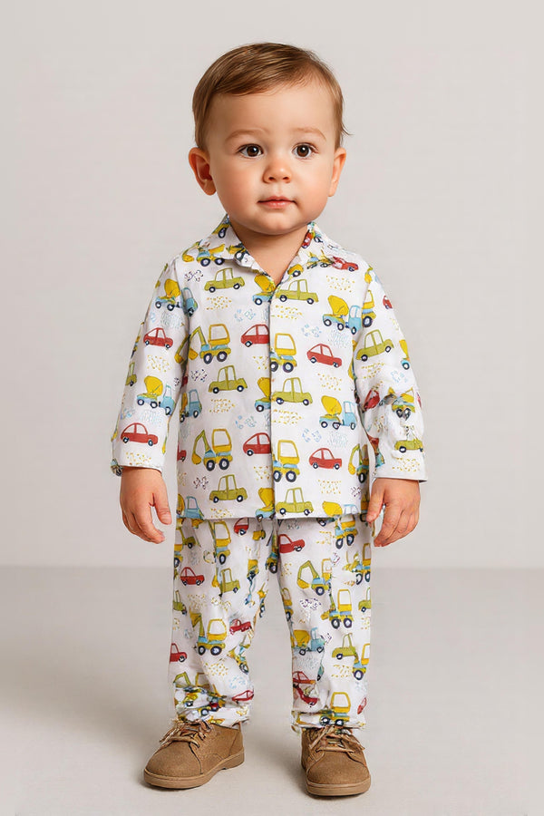 Clothe Funn Boys Cotton Night Suit Set , White