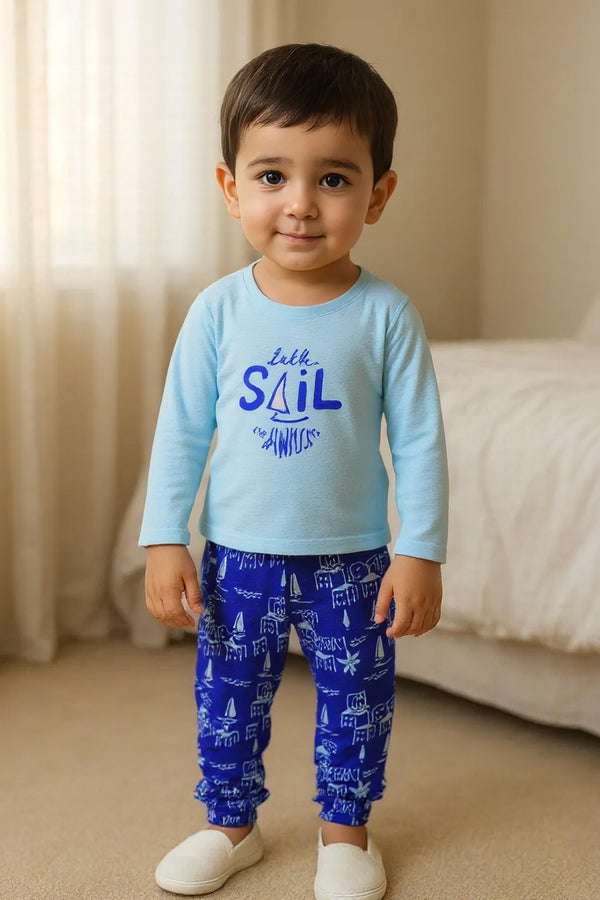 Clothe Funn Boys Cotton Night Wear Set , Sky blue & Royal blue AOP
