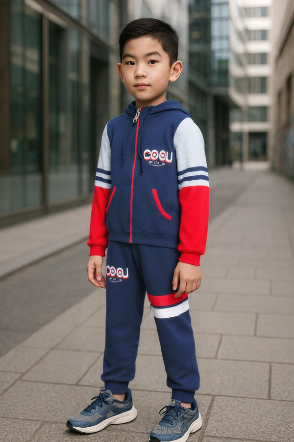 Clothe Funn Boys Full Sleeve Jacket & Track Pant Set, Navy/Red