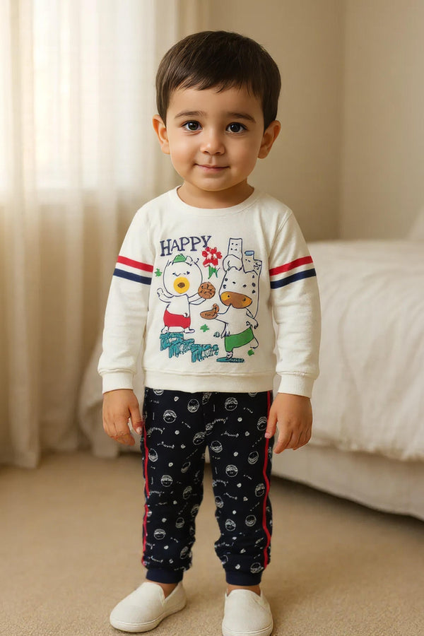Clothe Funn Baby Boys Co-Ordinate Set, Full Sleeve T-Shirts & Full Pant, Off white & Navy