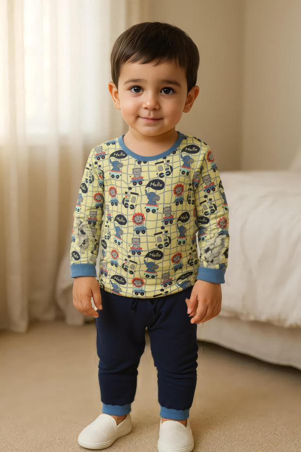 Clothe Funn Baby Boys Co-Ordinate Set, Full Sleeve T-Shirts & Full Pant, Lemon & Navy