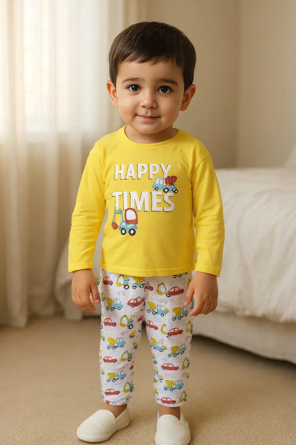 Clothe Funn Boys Cotton Night Wear Set , Gold & White AOP