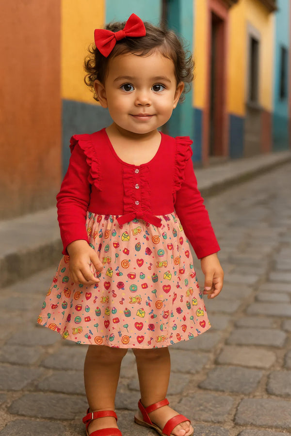 Clothe Funn New Born Baby Girl's Dress, Red/Peach AOP