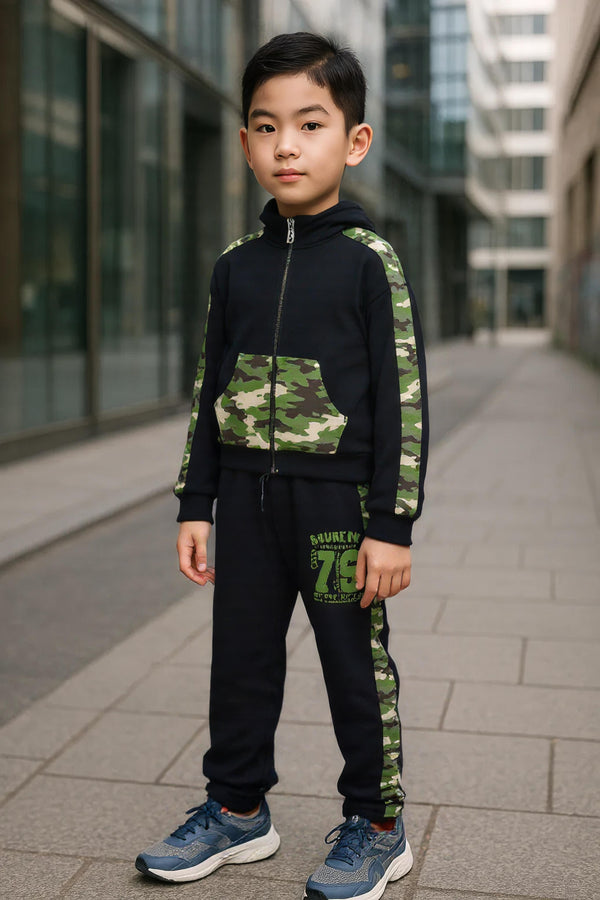 Clothe Funn Boys Full Sleeve Jacket & Track Pant Set, Black