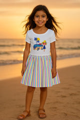 Clothe Funn Girls Fancy Look Striper, Short Sleeve Frock, Off White & Stripes
