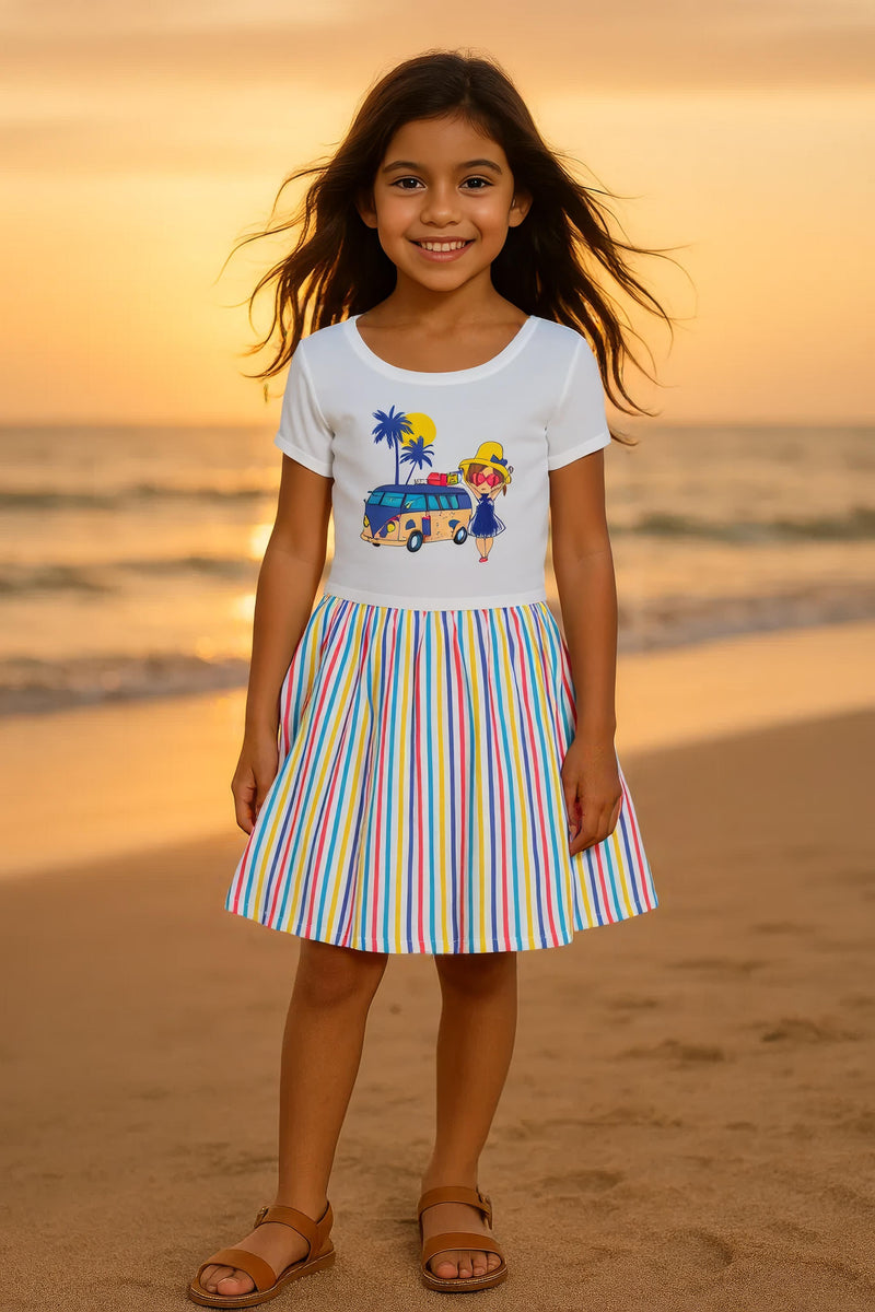 Clothe Funn Girls Fancy Look Striper, Short Sleeve Frock, Off White & Stripes
