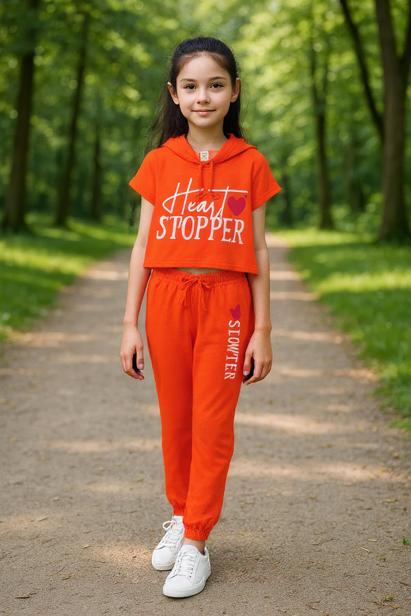 clothe Funn Girls Co-Ord Set, Hooded Half Sleeve Sweatshirt & Track Pant Set, Orange