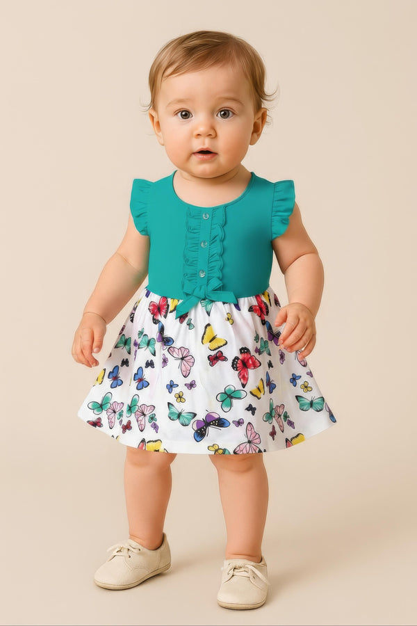 Clothe Funn New Born Baby Girl Dress, Turq/White AOP