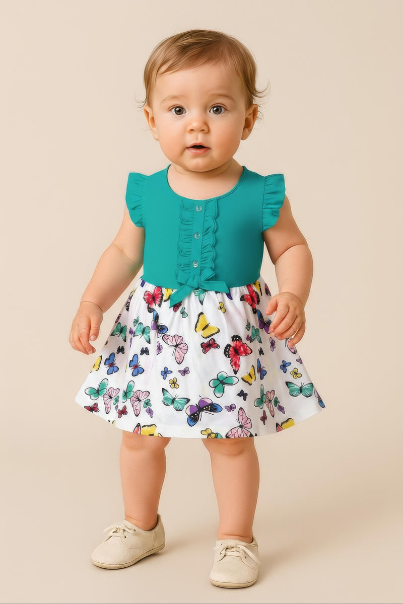 Clothe Funn New Born Baby Girl Dress, Turq/White AOP