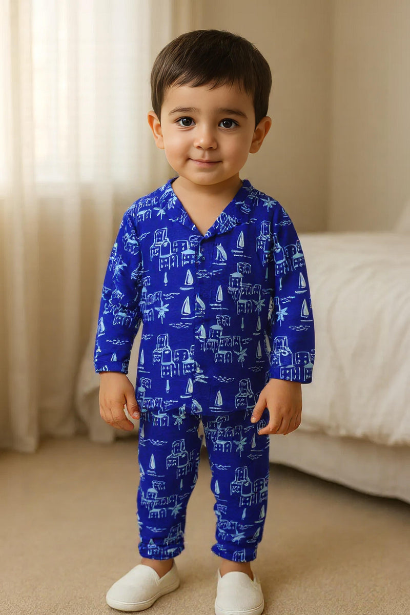 Clothe Funn Boys Cotton Night Suit Set , Royal Blue