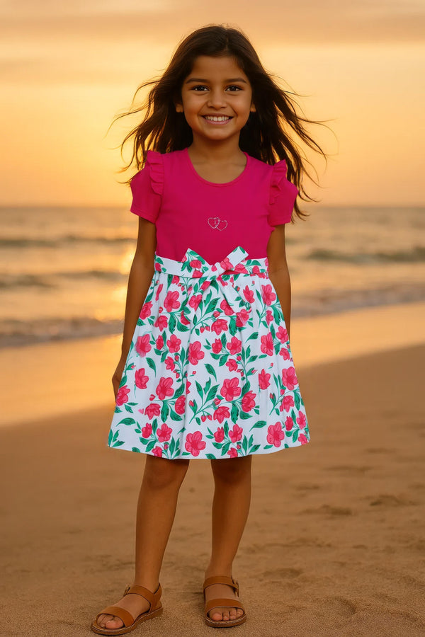 Clothe Fun Girls Fancy Floral Printed Frock With Waist Belt, Coral & Off White AOP