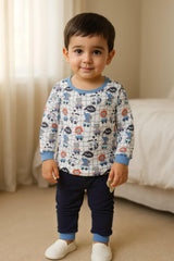 Clothe Funn Baby Boys Co-Ordinate Set, Full Sleeve T-Shirts & Full Pant, Off white & Black