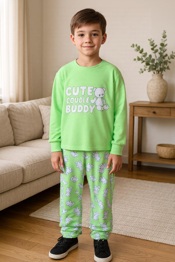Clothe Funn Boys Cotton Night Wear Set , Light Green