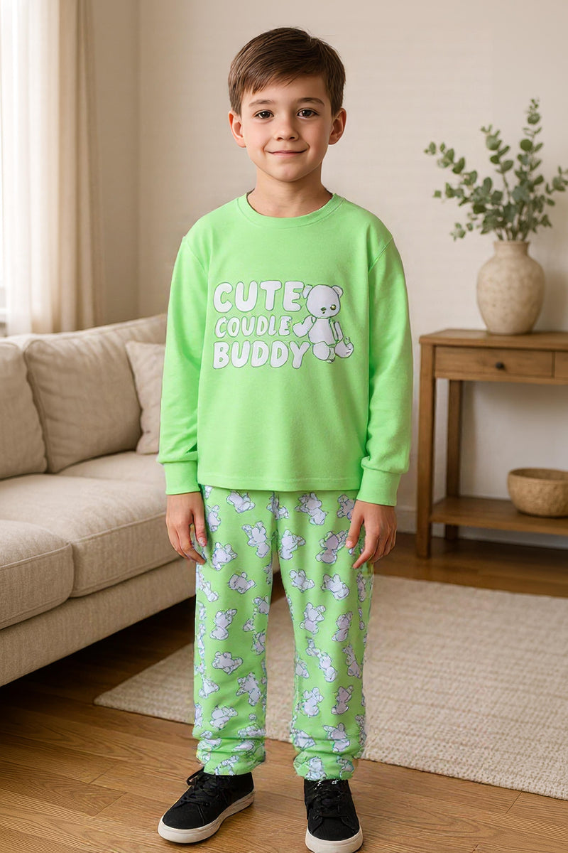Clothe Funn Boys Cotton Night Wear Set , Light Green