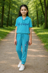 clothe Funn Girls Co-Ord Set, Hooded Half Sleeve Sweatshirt & Track Pant Set, T.Blue