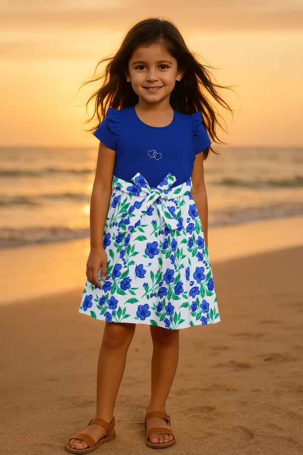 Clothe Fun Girls Fancy Floral Printed Frock With Waist Belt, Royal Blue & Off White AOP