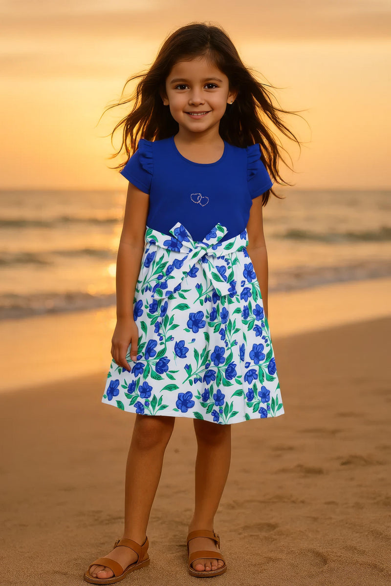 Clothe Fun Girls Fancy Floral Printed Frock With Waist Belt, Royal Blue & Off White AOP