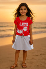 Clothe Funn Girls Chest Printed Frock, Red & Ecru Mel