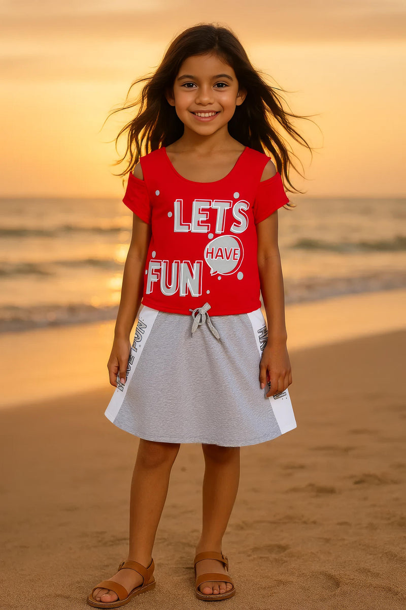 Clothe Funn Girls Chest Printed Frock, Red & Ecru Mel