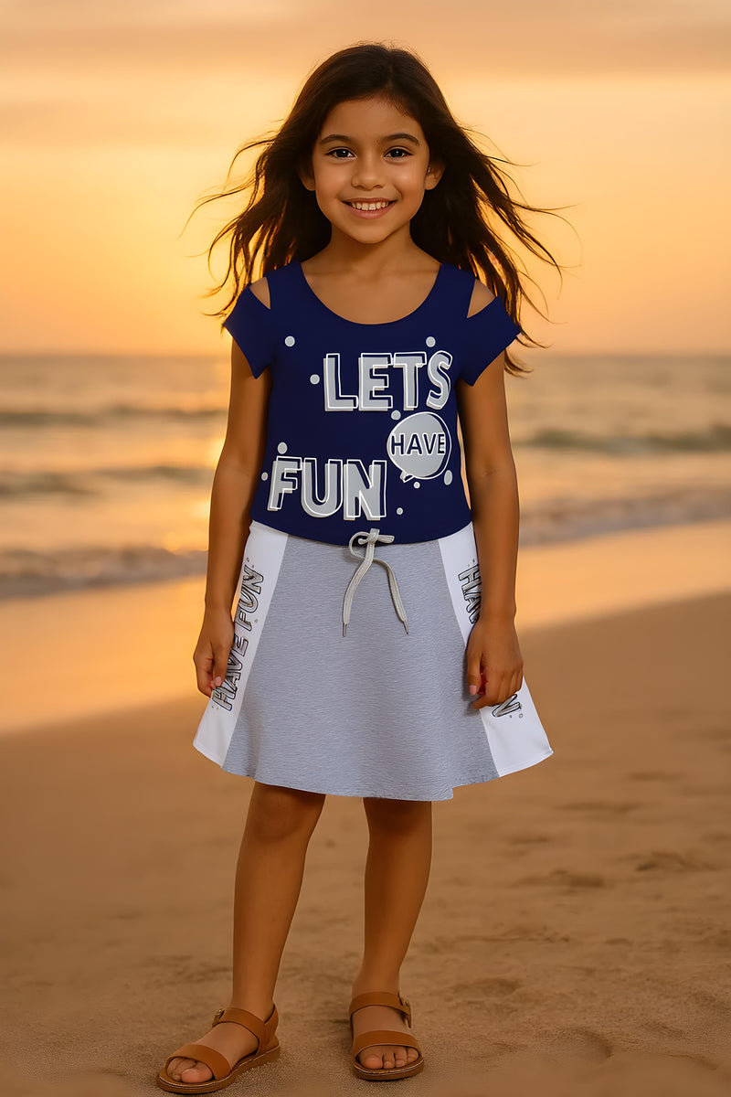 Clothe Funn Girls Chest Printed Frock, Navy & Ecru Mel