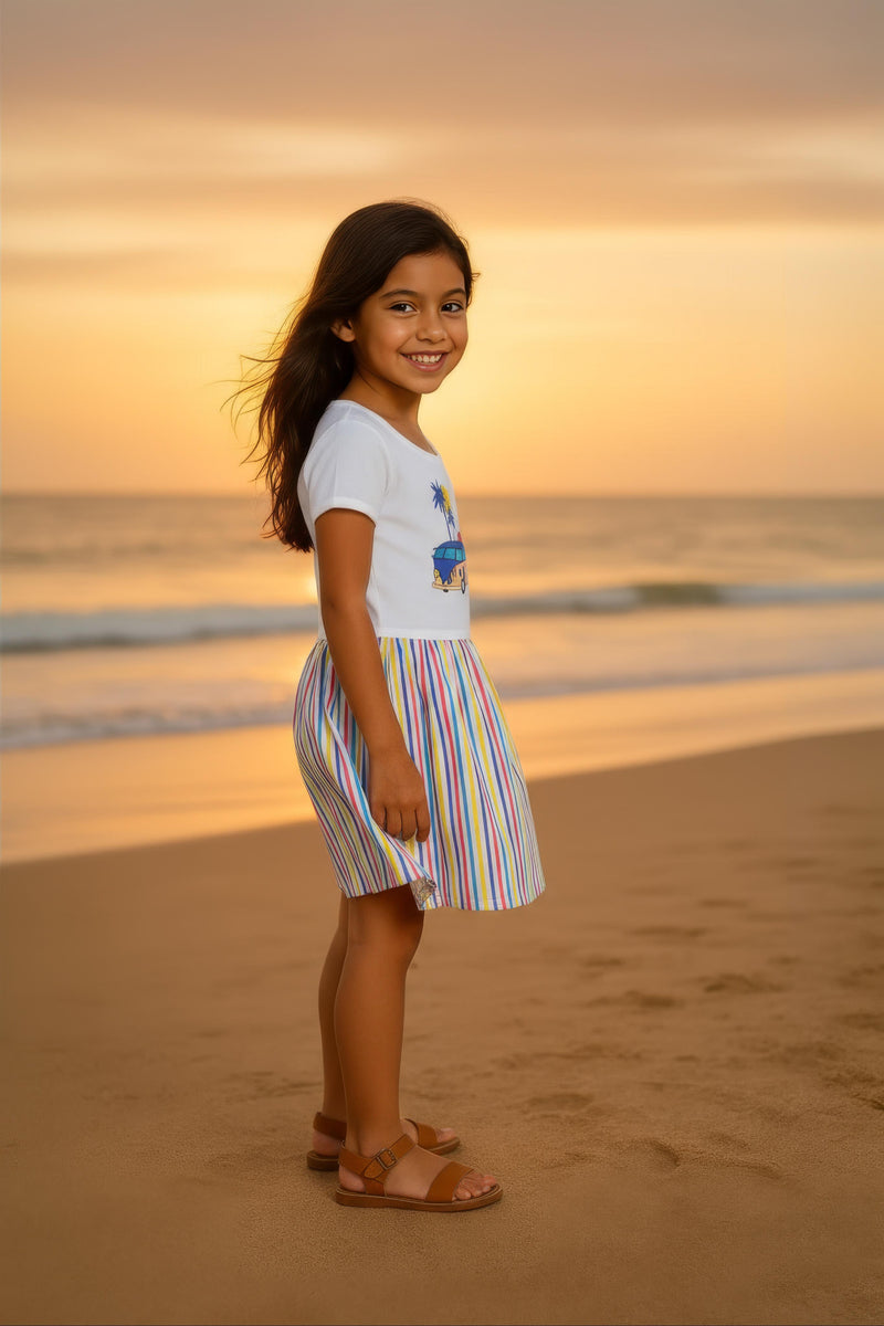 Clothe Funn Girls Fancy Look Striper, Short Sleeve Frock, Off White & Stripes